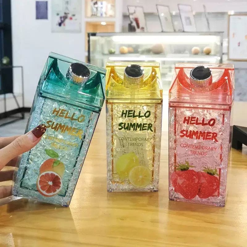 Hello Summer Water Bottle, Double Straw Cold Drink Cup, Creative Milk Box Style Water Bottle, Outdoor Thermos Cup, Summer Glass Drinking Water Bottle Hello Summer Water Bottle, Double Straw Cold Drink Cup, Creative Milk Box Style Water Bottle, Outdoor Thermos Cup, Summer Glass Drinking Water Bottle